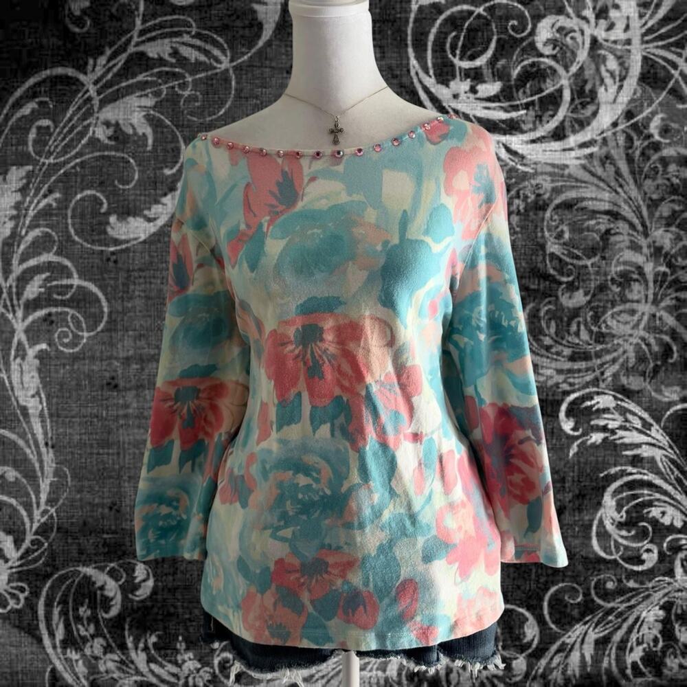 light pink and sky blue dreamy pastel floral embellished top
